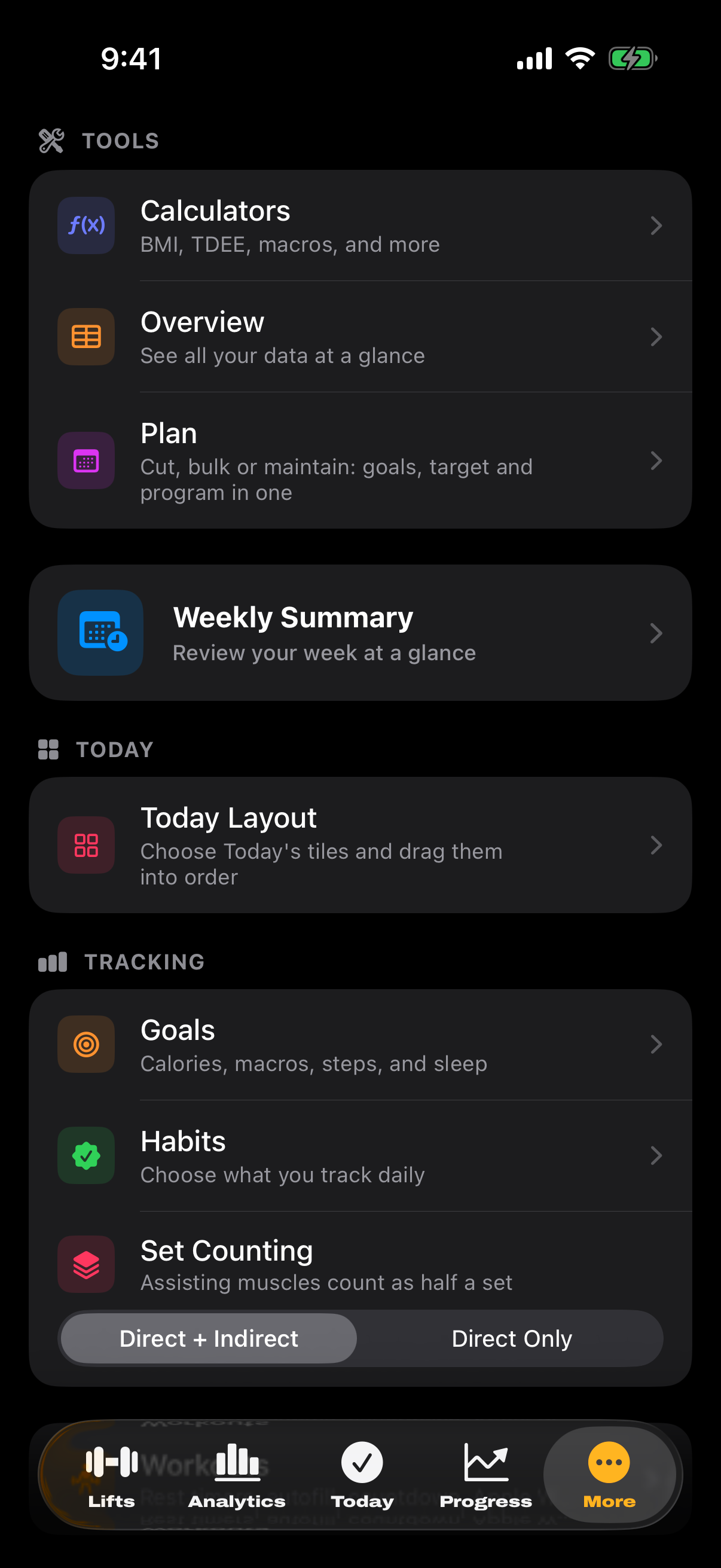 The More tab with calculators, overview, weekly summary and tracking settings