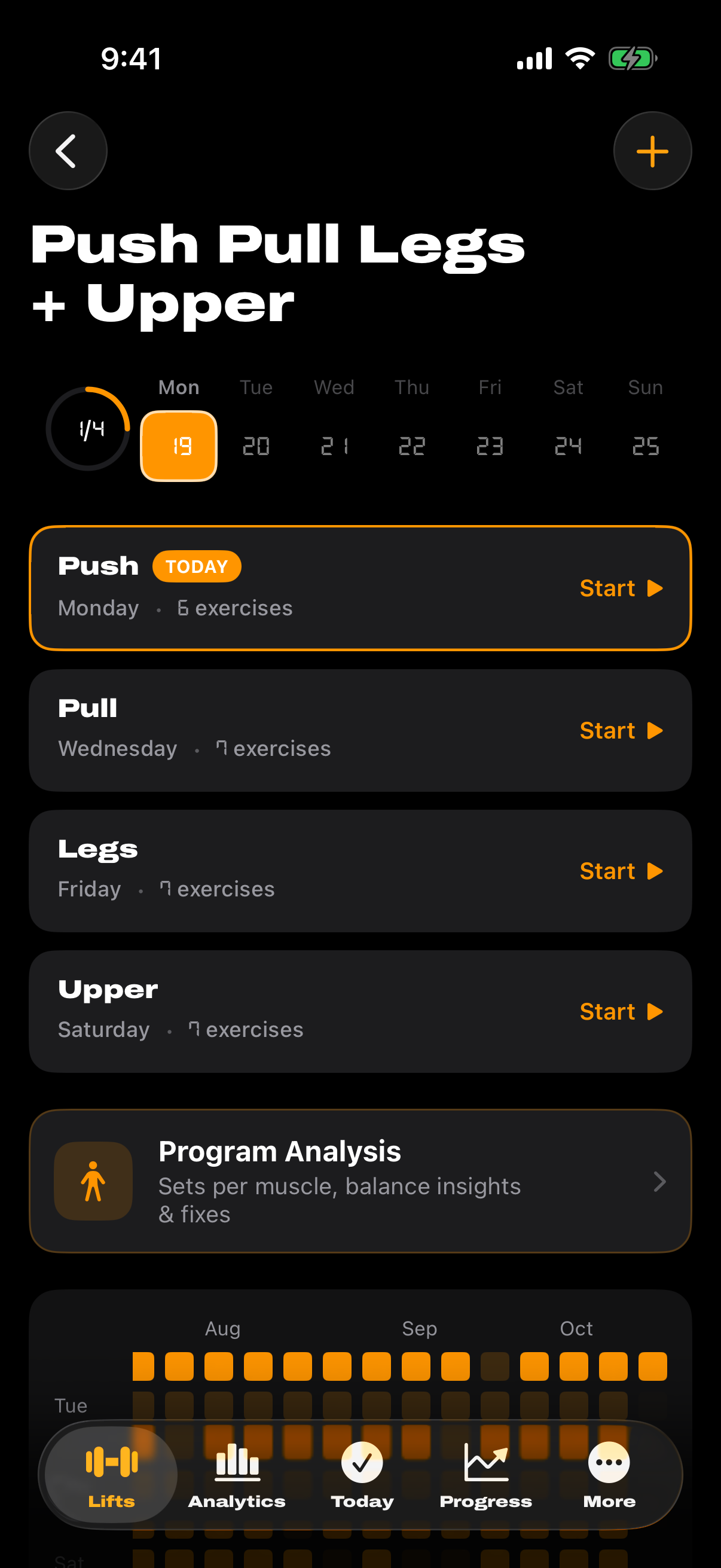 Push Pull Legs program with weekly schedule and consistency heatmap