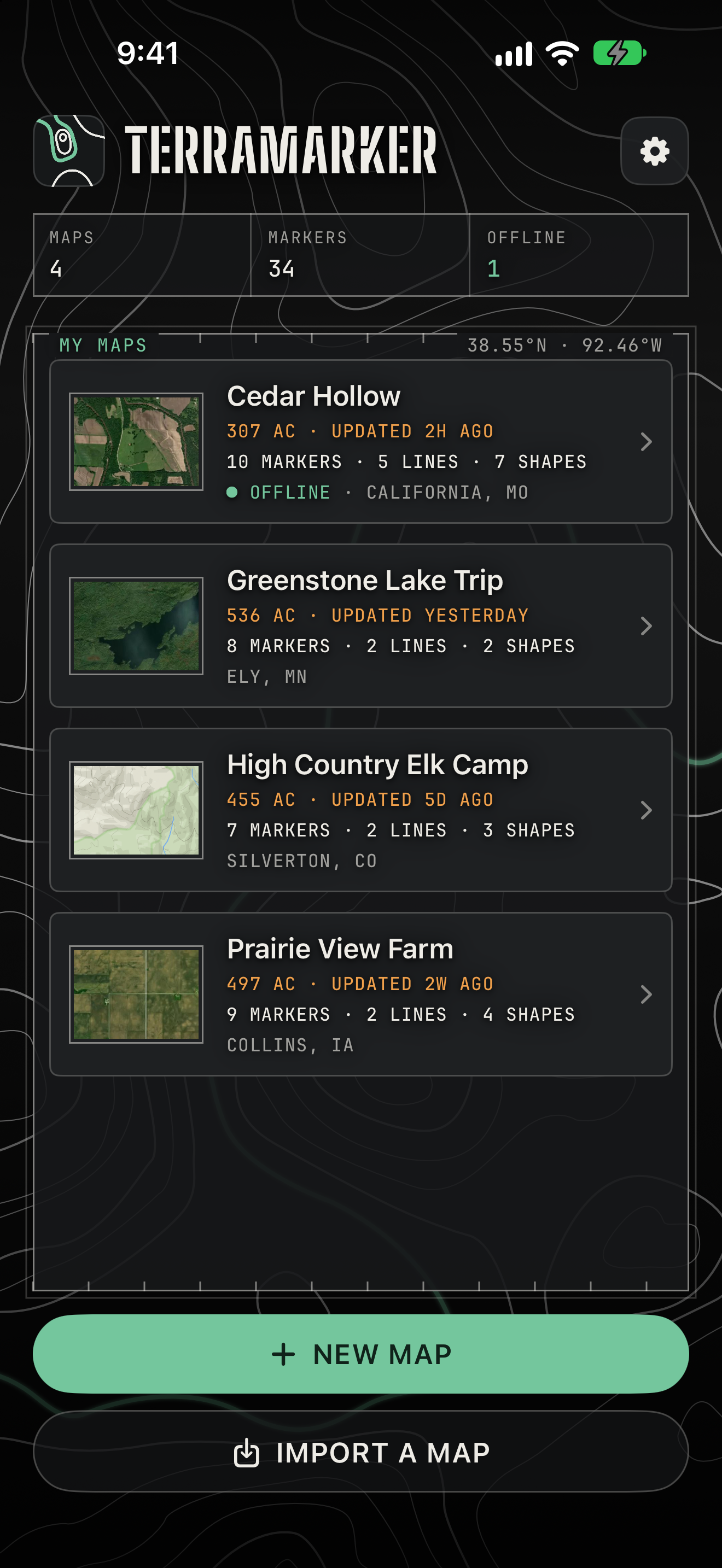 TerraMarker home screen listing four saved maps with their acreage, marker counts, and offline status