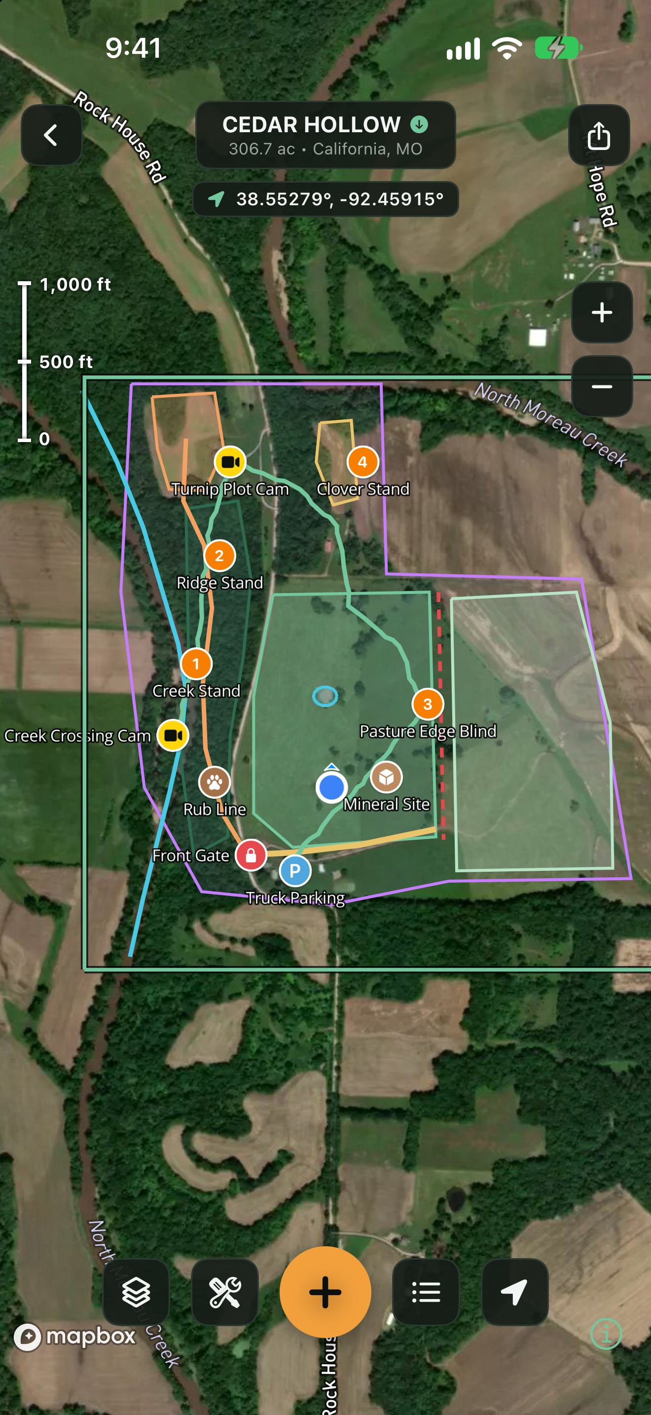 TerraMarker satellite map of Cedar Hollow with stands, cameras, trails, and outlined fields