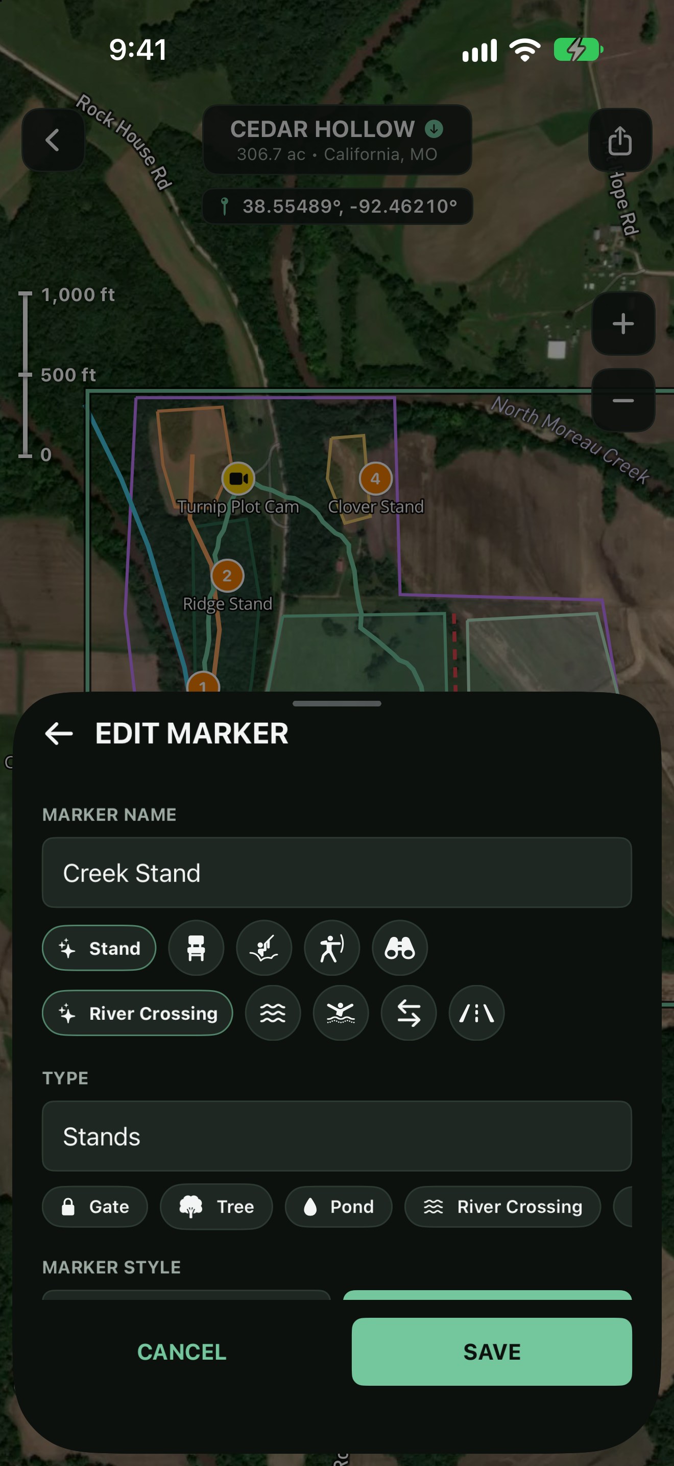 TerraMarker edit marker panel over the map, with the marker name, suggested icons, and type