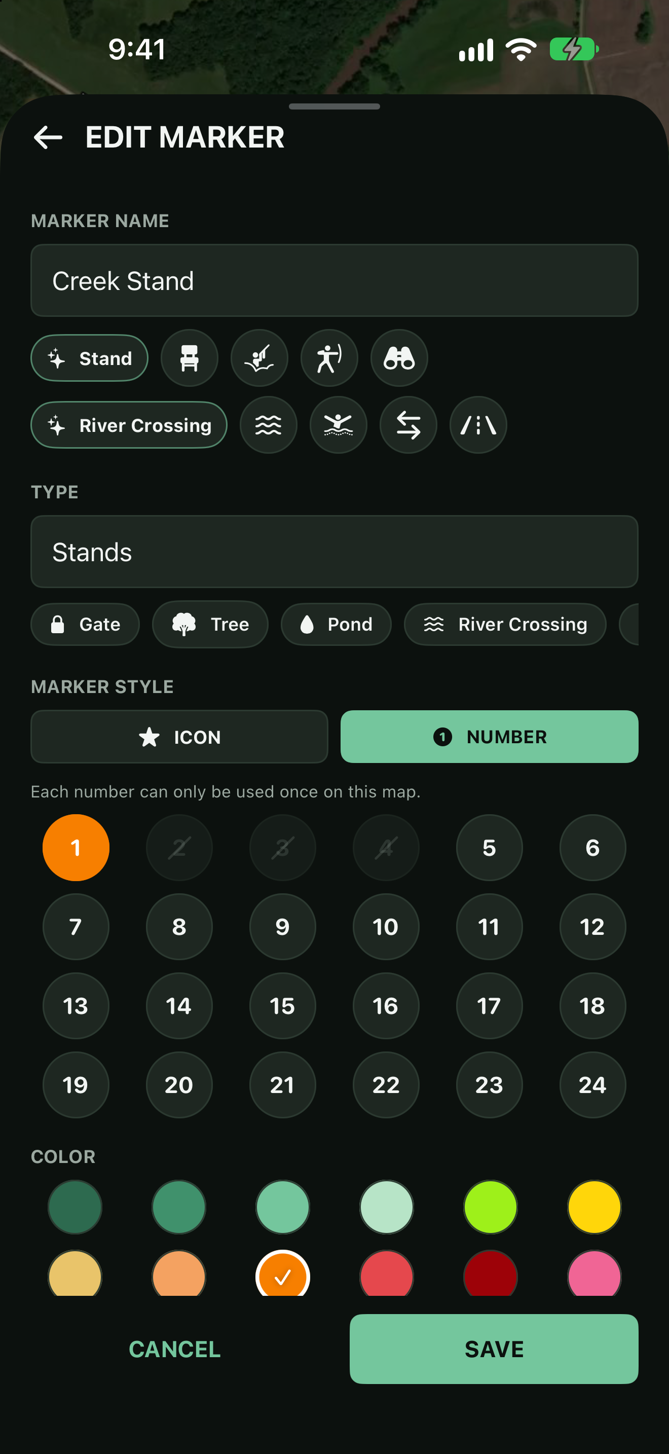 TerraMarker marker editor with a name, type, icon or number style, numbered pins, and a color palette