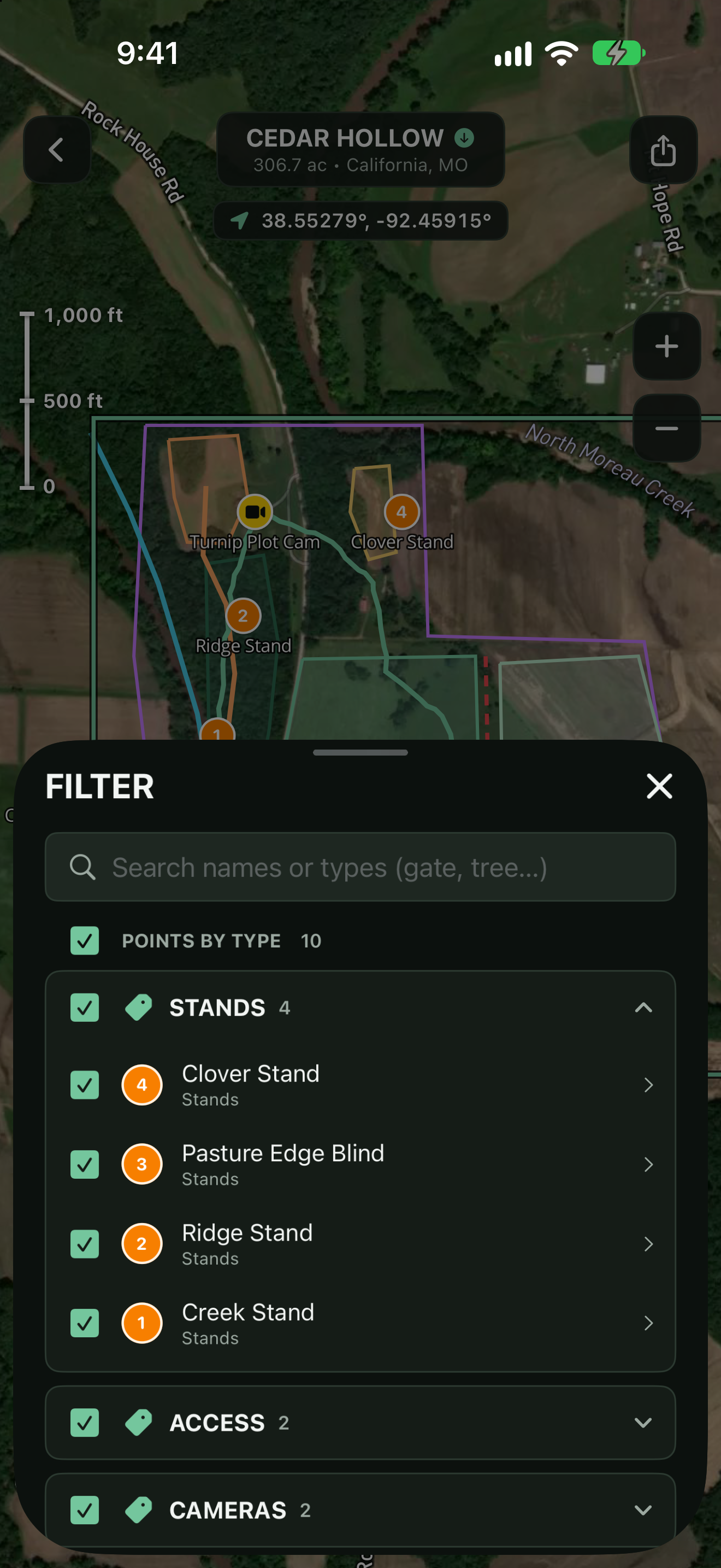 TerraMarker filter panel listing markers grouped by type, with stands, access, and cameras