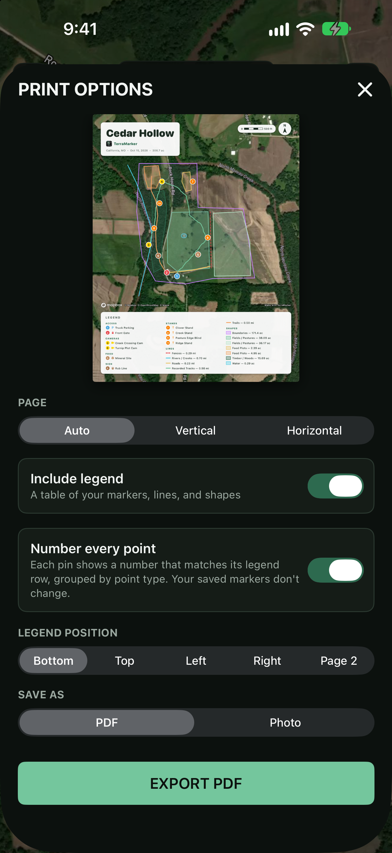 TerraMarker print options with a map preview, legend settings, and PDF export