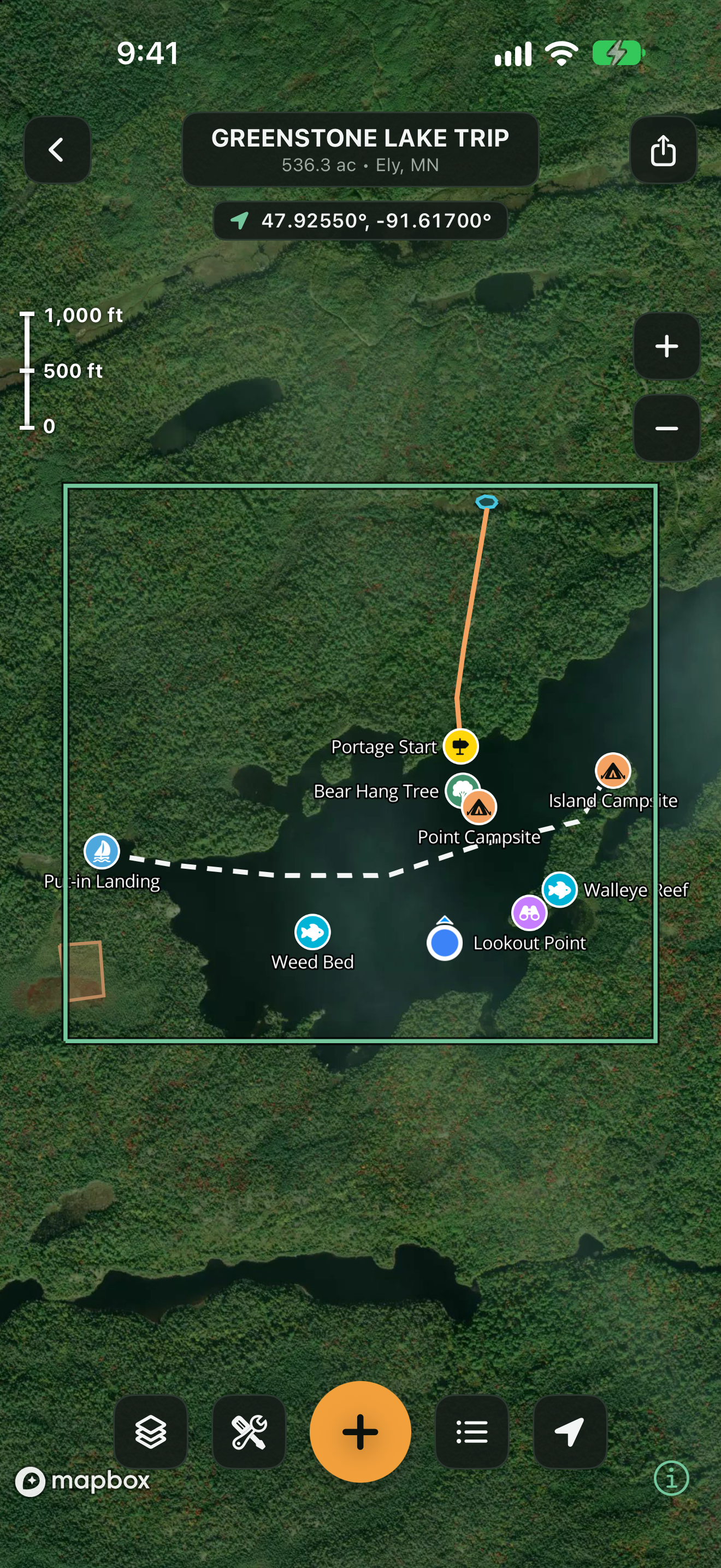 TerraMarker satellite map of Greenstone Lake with a portage route, campsites, fishing spots, and a paddling line