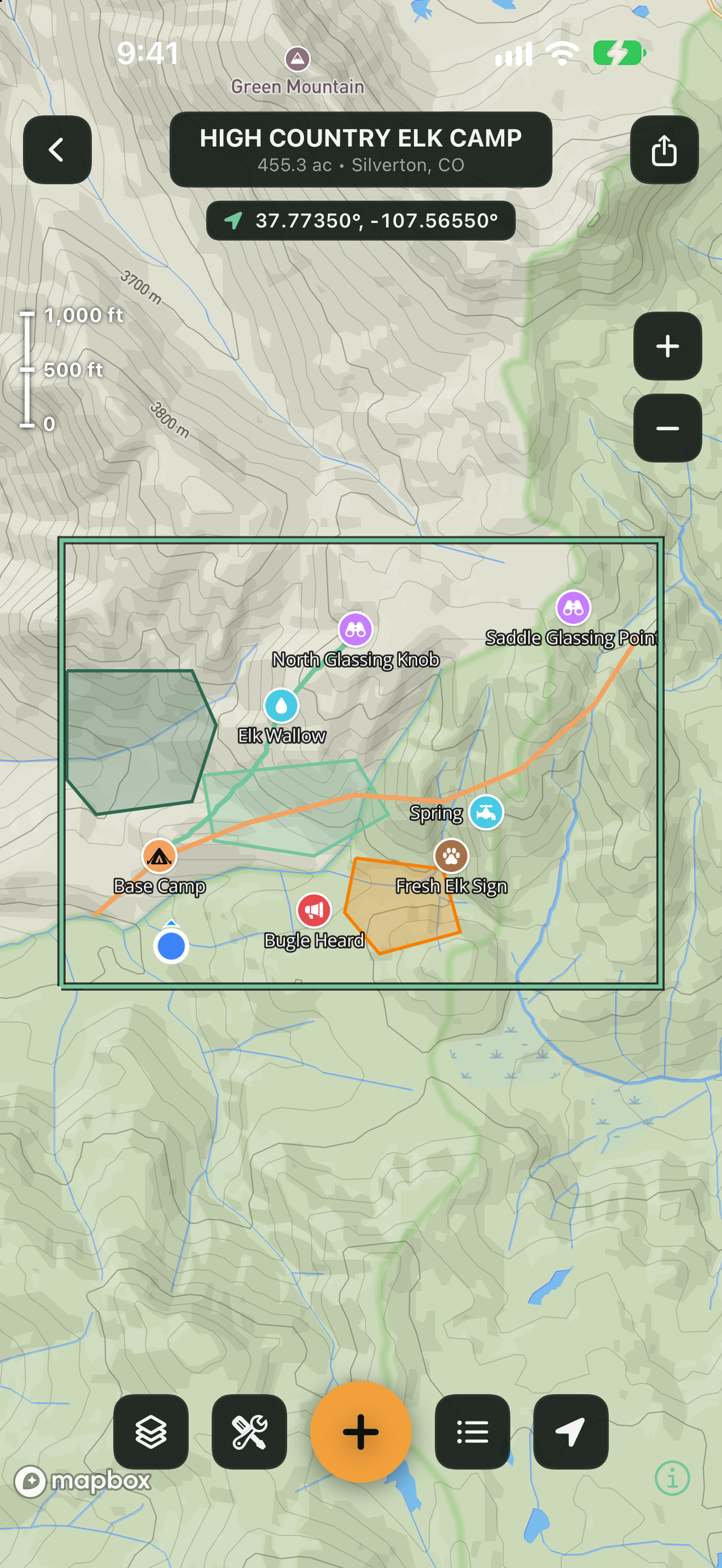 TerraMarker topographic map of an elk camp with glassing points, a wallow, base camp, and trails