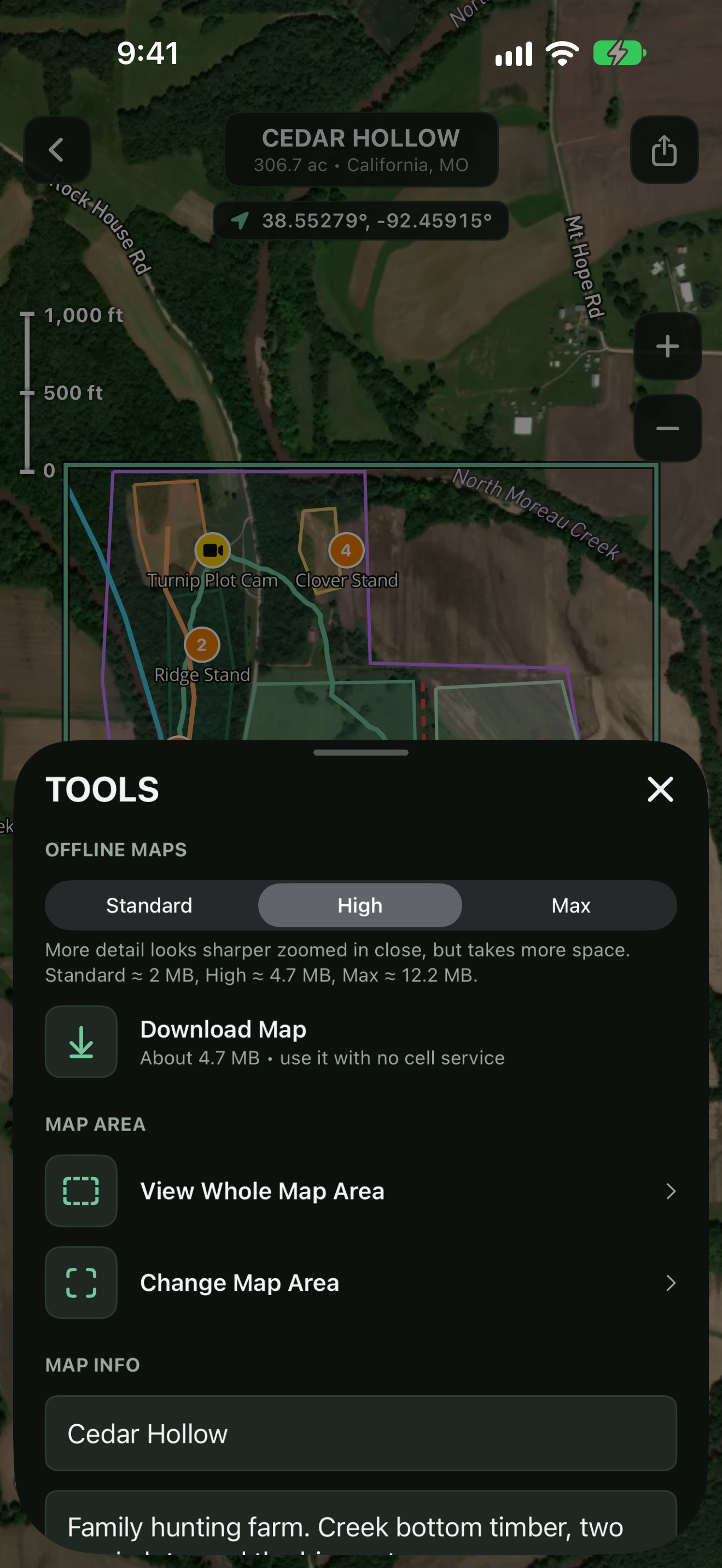 TerraMarker tools sheet with offline map quality, a download button, and map area controls
