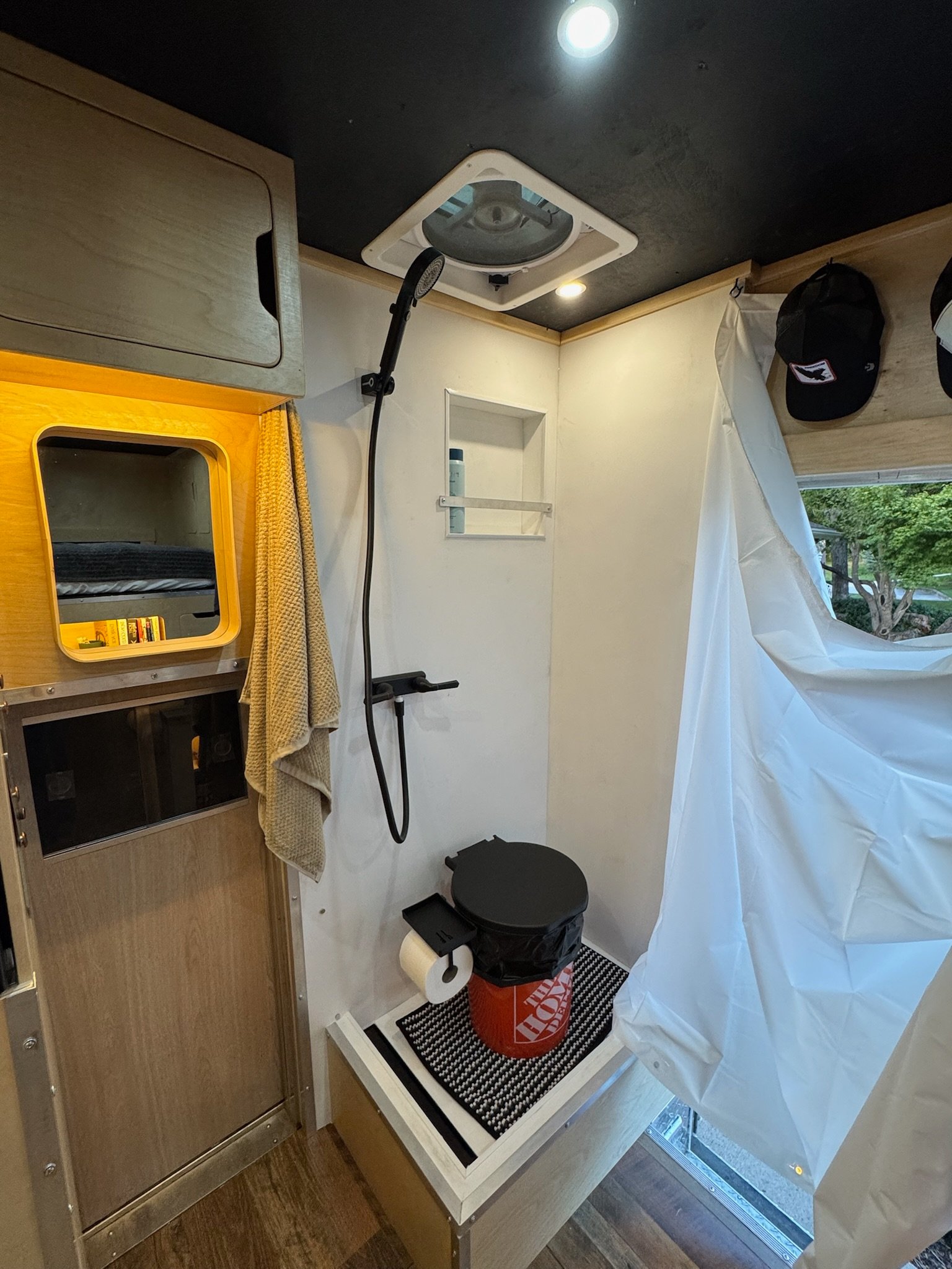 Bathroom area inside the ambulance conversion