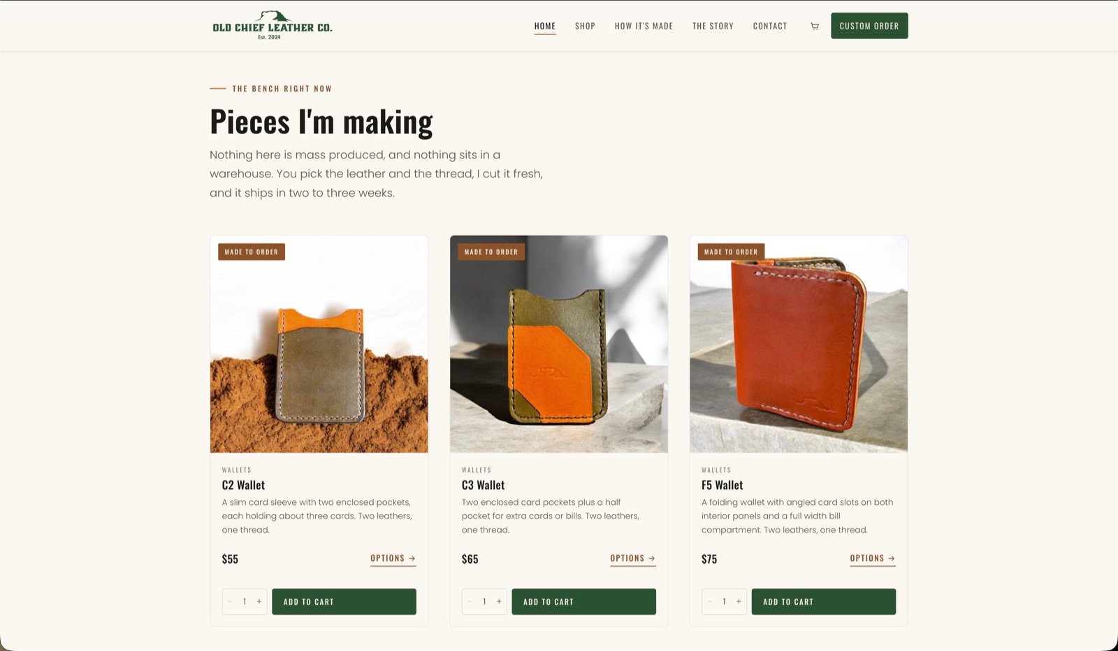 Featured products on the Old Chief Leather Co. home page